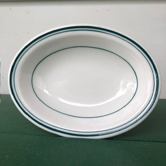 Vintage Walker China White & Green Stripe Diner Ware Ironstone Oval Soap Dish - Picture 7 of 7
